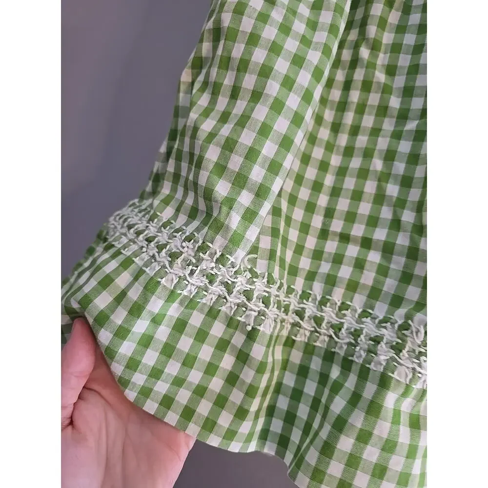 Vintage Green White Gingham Embroidered‎ Grannycore Half Apron Womans One Size
